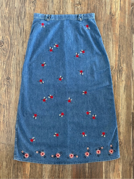Christopher & Banks Dresses & Skirts - Vtg Christopher & Banks Floral Embroidered Blue Denim Maxi Jean Skirt Womens 14